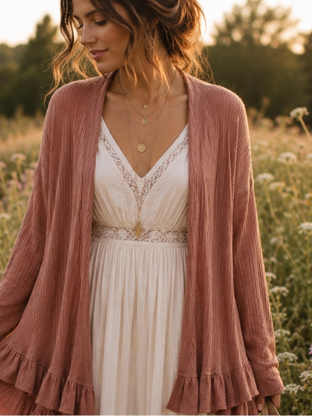 Maurices Dusty Rose Ruffle Hem Cardigan XS Boho Cottagecore Lightweight
